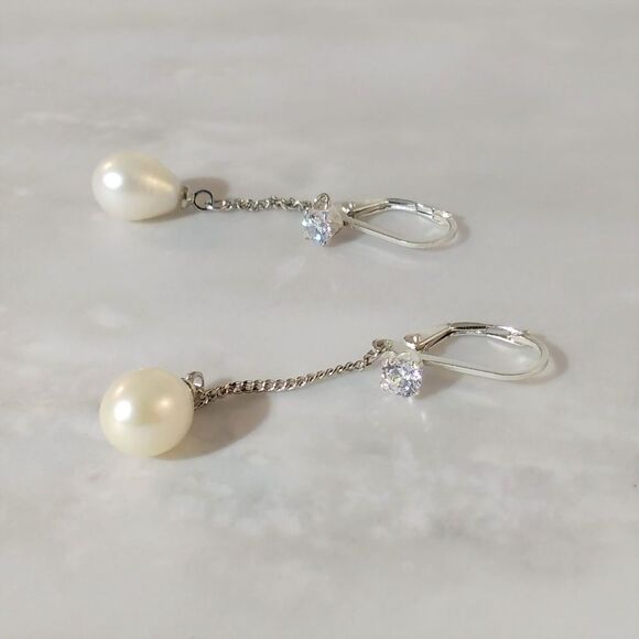 Freshwater Pearl Earrings with Simulated Diamond CZ Dangle Earrings - Picture 5 of 5